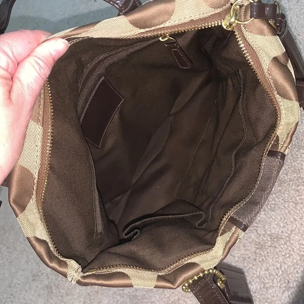 Coach Signature Canvas Jacquard Slim Shoulder Stripe Tote Bag Tan and Brown
